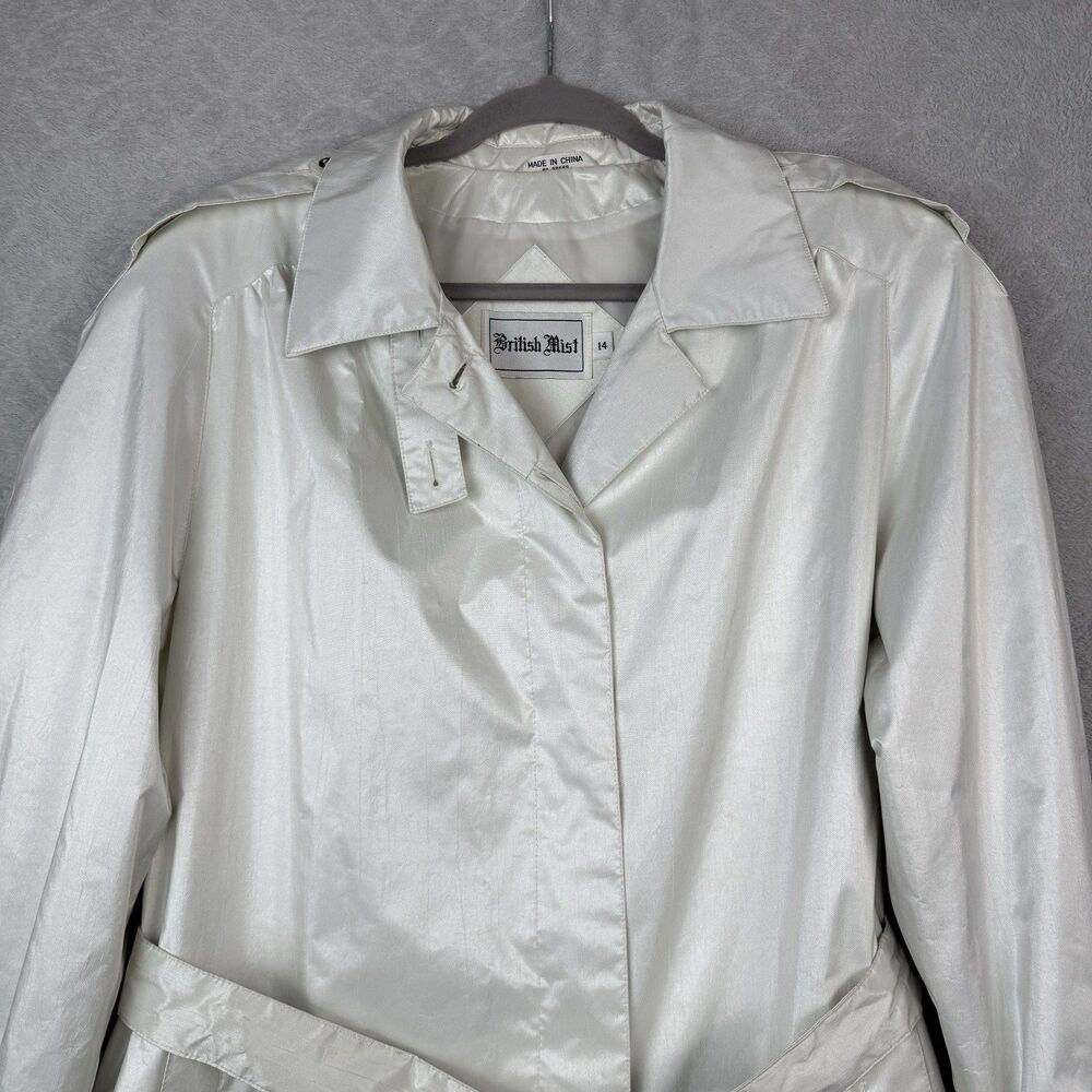 Vtg British Mist Trench Raincoat Womens 14 Ivory Shimmer Long Retro Classic 80s - Picture 3 of 16